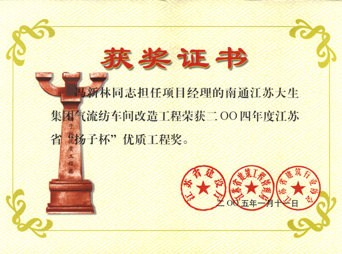 大生集團氣流揚子杯證書